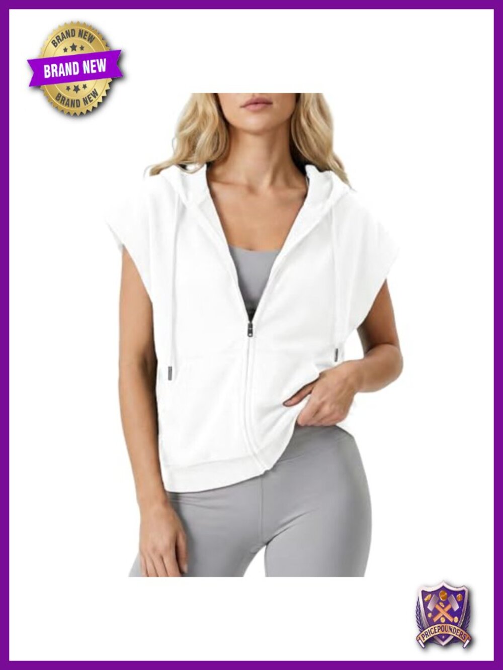 Womens Lightweight Hooded Vest Full Zip Sleeveless Hoodie with Kanga Pockets